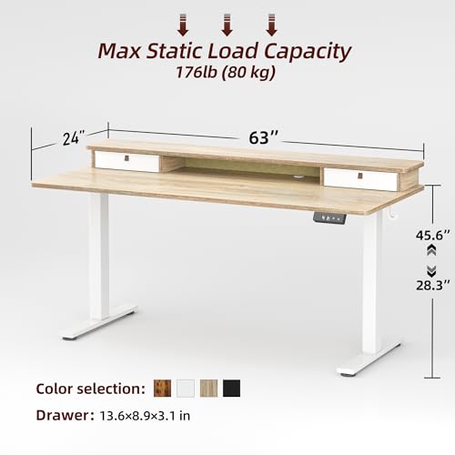 Image of TIQLAB Standing Desk with Two Drawers, Stand Up Standing Desk Adjustable Height, Electric Sit Stand Table with Storage Shelf and Splice Board, 63 * 24 inch, Maple