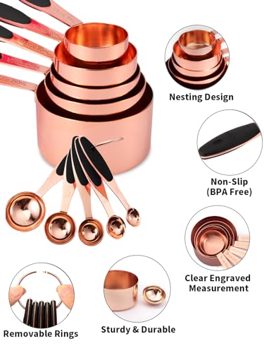 Joyhill Copper Measuring Cups and Spoons Set of 10 Piece, Stainless Steel Nesting Measuring Cup Set with Soft Touch Silicone Handles for Dry and Liquid Ingredients - Thumbnail 3