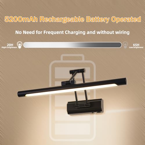 Image of 17 inchBattery Operated Picture Light, 5200mAh Rechargeable Wall Light for Paintings, 3-Color & Dimmable LED Art Light with 270 Rotate Arm, Cordless Frame Lighting for Gallery, Living Room, Black
