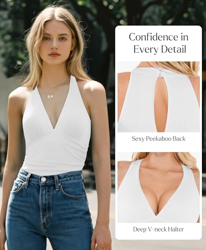 Popilush Bodysuits for Women Tummy Control Halter Tops V Neck Ruched Thong Shapewear Body Suits3