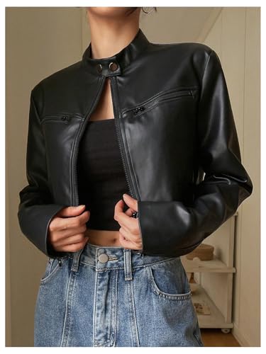 OYOANGLE Women's Faux Leather Cropped Jackets Long Sleeve Zip Up Moto Biker Jacket Outwear2