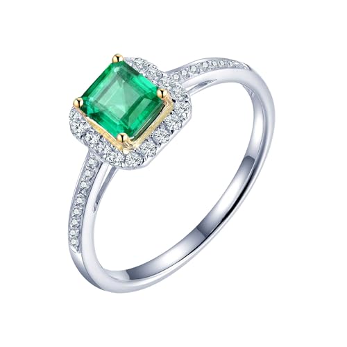 Emerald Ring, Solid 18K White Gold Rings - Emerald and Diamond Ring, Natural Emerald Green Ring Genuine Diamond Ring White Yellow Two Tone Gold Band For Women Ladies Engagement & Wedding