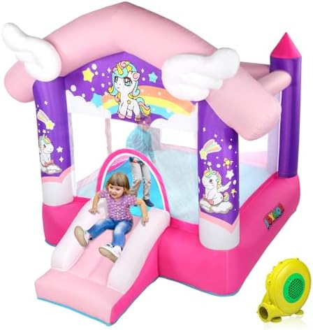 JOYMOR Pink Inflatable Bounce House with Slide, Unicorn Theme Pri...