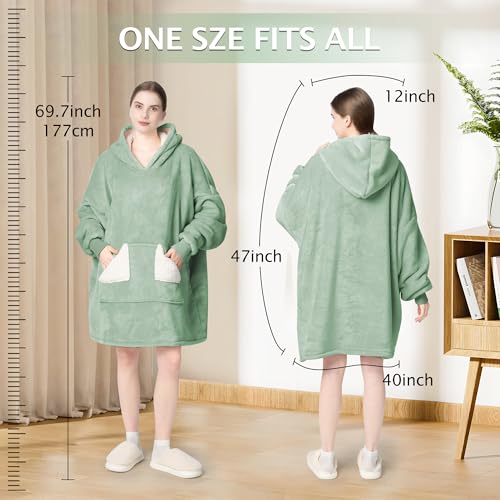 Touchat Wearable Blanket Hoodie, Oversized Sherpa Blanket Sweatshirt with Hood Pocket and Sleeves, Gifts Hooded Blanket for Adult Women Men (Green)