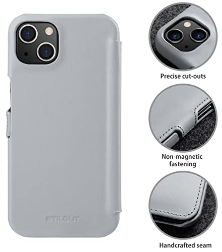Coque iPhone 13 Mini StilGut étui cuir véritable rabat latéral et fermoir gris - 2