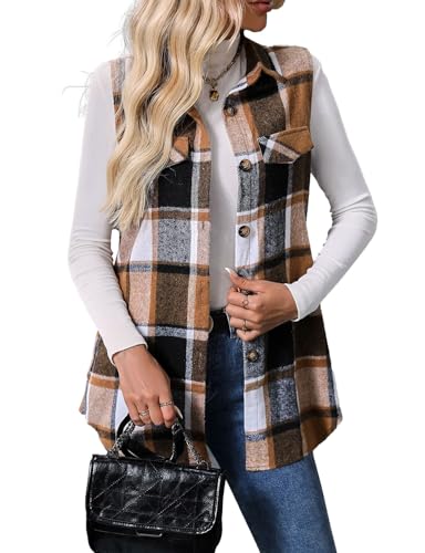 Kinghua Womens Palid Vest Button Up Sleeveless Blazer Long Length Lapel Collar Shirts Casual Fall Outfits