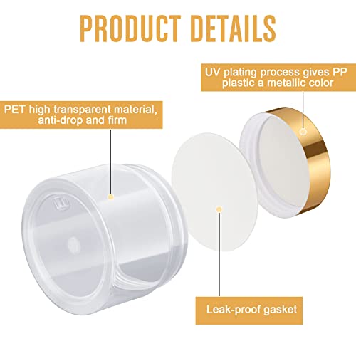 Image of Patelai 4 Pcs Plastic Jars Wide Mouth with Lids,1 Ounce,Gold | Travel Size for Creams Oils, Clear Round Storage Cosmetics Containers, Leak Proof Screw on Lids for Makeup Beauty DIY