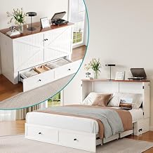 BALUS 63" W Queen Cabinet Murphy Bed with Built-in Charging Station, Queen Size Murphy Cabinet Bed with Storage Drawers for Guest Room, Multi-Functional Chest Bed for Small Space, Bedroom, White