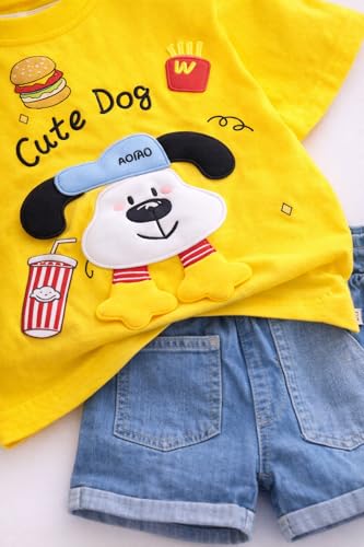 Image of Bold N Elegant Half Sleeve Pure Cotton Baby Boy Girl 3D Cartoon Smiley Animals T-Shirt with Denim Shorts Smart Casual Outfit for Infant Toddler Kids Upto 5 Years