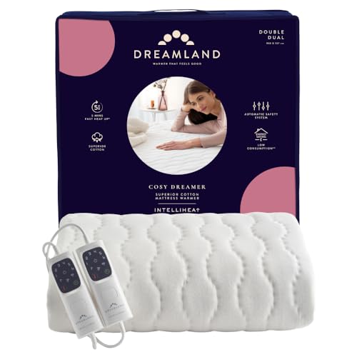 Dreamland Cosy Dreamer Electric Blanket - Heated Underblanket with Italian Cotton Intelliheat Technology 6 Heat Settings Overheat Protection & Machine Washable Timer 150 x 137cm - Double Size