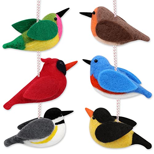 Wool Birds Christmas Tree Ornaments Needle Felted Cardinal Hummingbird Goldfinch Kit Hanging Decor 3D Felt Bird Winter Holiday Nursery Gift Basket Set of 6