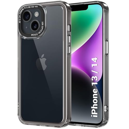 TheGiftKart Hybrid Shockproof Back Cover Case for iPhone 13 / iPhone 14 | Stylish Camera Border | Electroplated Buttons | Crystal Clear Hard Back Cover Case (TPU & PC, Smoked Bumper)