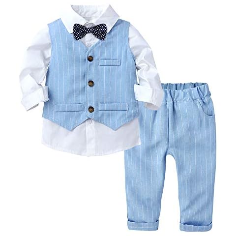 Baby Boys 3Pcs Gentleman Suit Kids Formal Outfits Set Bowtie Long Sleeve Shirt+ Tuxedo Vest+ Pants - Blue - 12-24 Months Cover
