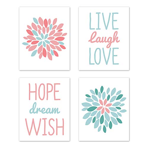 Image of Sweet Jojo Designs Turquoise and Coral Floral Wall Art Prints Room Decor for Baby, Nursery, and Kids for Emma Collection - Set of 4 - Live Laugh Love