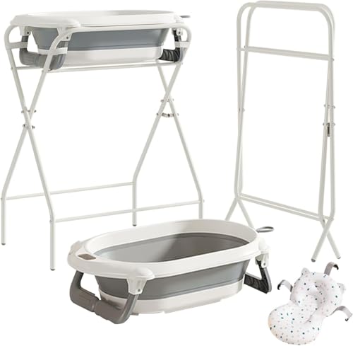 Foldable Baby Bath with Stand Large Baby Bathtub with Thermometer and Bath Pillow Babies Basin Babies Bath Tub with Stand for Newborns & From Birth to 3 Years Durable & Easy to Store Babier Gift