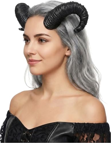 VIBNRIX Ram Horns Headband Lightweight Black Curved Headpiece with Clear Adjustable Elastic for Halloween Cosplay & Fantasy Costume