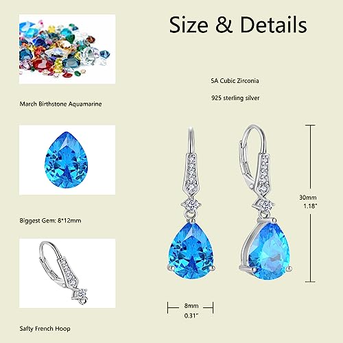 Women 925 Sterling Silver Birthstone Teardrop Leverback Drop Dangle Earrings 8 * 12mm 5A Cubic Zirconia Jewelry for Her3