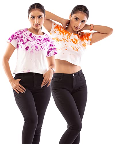 Image of Lappen Fashion Combo of Tie Dye Printed Crop Top | Cotton Round Neck Half Sleeve | Ladies Short | Sprayed T-Shirts | Regular fit Top