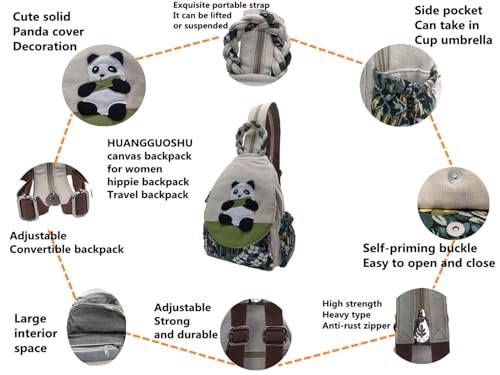 Image of Small Canvas Backpack, Retro Boho Washed Hippie for Women Daily Commute (Panda Decorations)