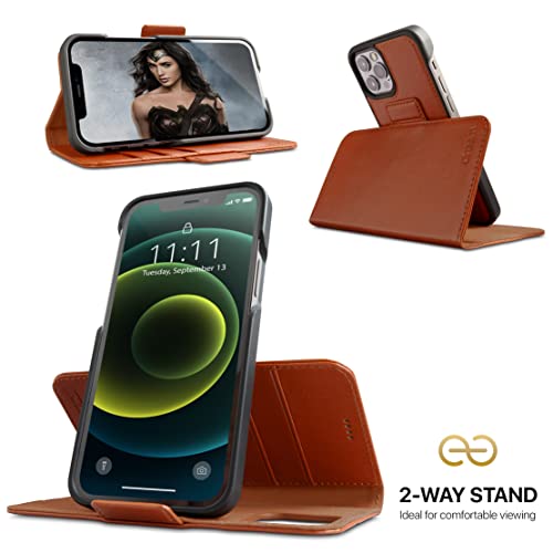 Image of dreem Fibonacci 2-in-1 Wallet Case for Apple iPhone 12 & 12 Pro - Luxury Vegan Leather, Magnetic Detachable Shockproof Phone Case, RFID Card Protection, 2-Way Flip Stand - Caramel