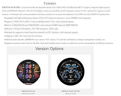 Image of ESP32-S3 1.85inch Touch Display Development Board, 360x360 IPS LCD, Dual-Core Processor Up to 240MHz, Audio Codec, Support Offline Speech Recognition and AI Speech Interaction, with 8Ω 2W Speaker