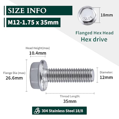 Image of M12-1.75 x 35mm Hex Flange Bolt (1.38 inch Thread Length), DIN6921, Serrated Locking Flange, 304 Stainless Steel, UNC Full Thread, 6-Pack