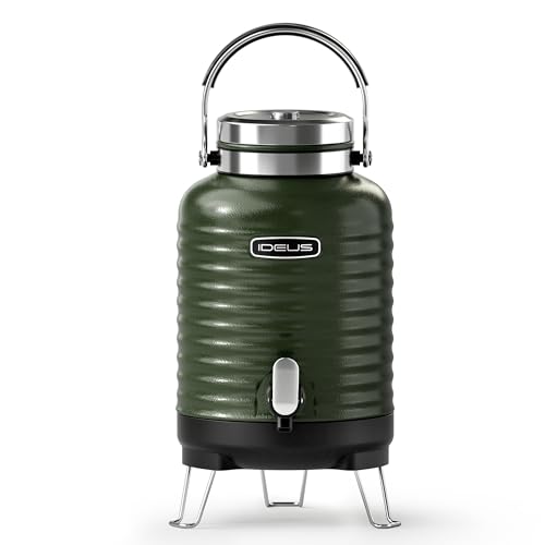 IDEUS Insulated Beverage Dispenser 5.2L, All-in-one for Camping Vacuum Double-Wall Stainless Steel Water Cooler Coffee Carafe Jug Leakproof Drink Container with Handle, Spigot & Stand (Green)