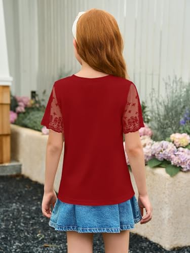 Image of Haloumoning Girls Lace Short Sleeve T Shirts Kids Summer Crewneck Tunic Tops Curved Hem 5-14 Years
