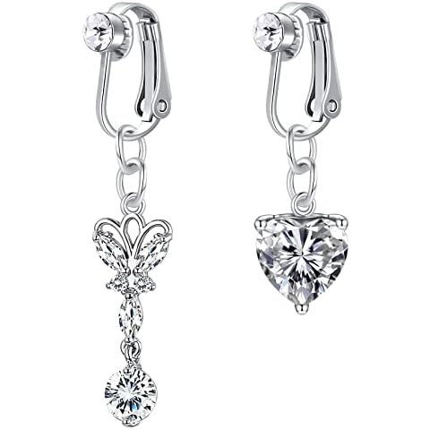 VCMART 2pcs Fake Belly Button Rings Non Pierced Navel Bar Clip on with Heart Butterfly Faux Piercing Jewellery Cover