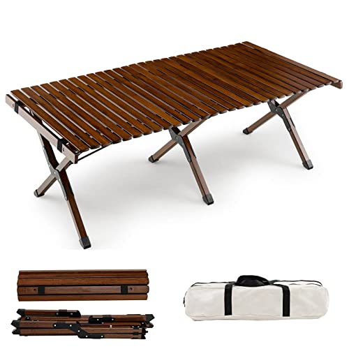 TANGZON 122 x 60cm Roll Up Portable Picnic Table, 4-6 Person Bamboo Folding Camping Table, Indoor Outdoor Low Height Floor Egg Roll Table with Carry Bag for BBQ Fishing Traveling (Rustic Brown)