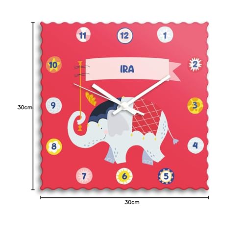 Image of Zooboo Personalized Wall Clock for Kids | Custom Name Acrylic Analog Clock with Silent Quartz Movement | Cute Animal Circus Design, 30x30 cm, Multicolor