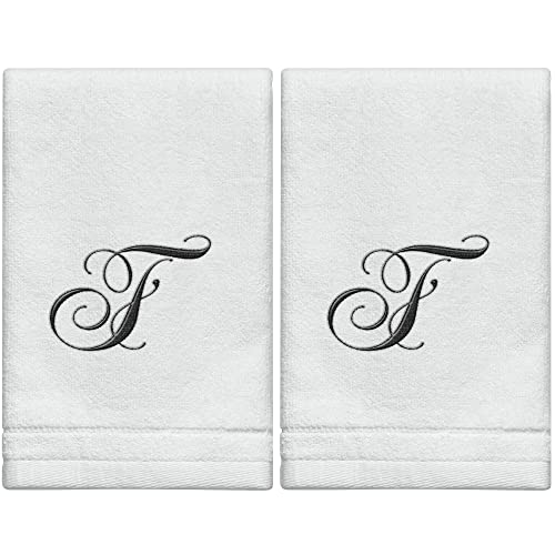 Monogrammed Towels Fingertip, Personalized Gift, 11 x 18 Inches - Set of 2- Black Embroidered Towel - Extra Absorbent 100% Cotton- Soft Velour Finish - For Bathroom/ Kitchen/ Spa- Initial F (White)