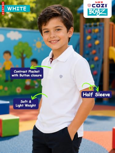 Image of Lux Cozi Boy's Polycotton Polo T-Shirt | Solid Collared Half Sleeve Tee for Kids | Soft Breathable Summer Wear | Casual Smart Polo T-Shirt | 3-14 Years