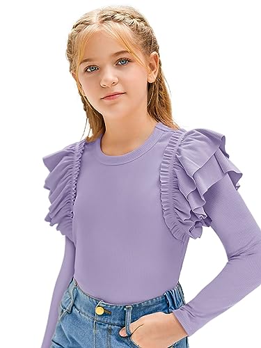 rrhss Girls Ruffle Long Sleeve Shirts Kids Cute Fitted Crew Neck Ribbed Knit Tops Clothes3
