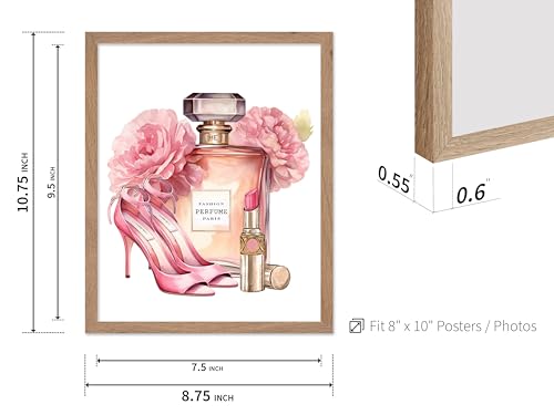 Image of Poster Master Pink Designer Print - Fashion Poster - Shoes, Lipstick & Perfume Art - Chic Gift for Women & Fashionista - Glam Decor for Bedroom or Girl's Room - 8x10 Beige Framed