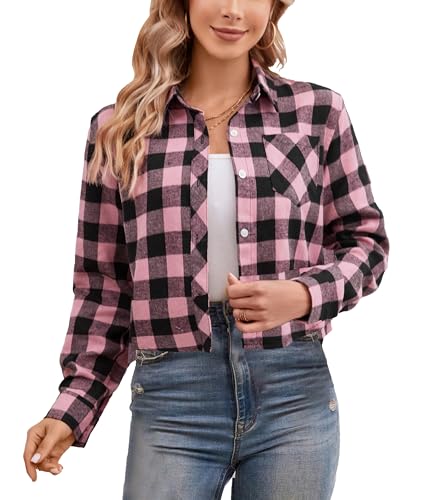 Image of SANGTREE Women and Girls Long Sleeve Flannel Casual Button Down Plaid Shirt