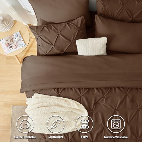 CozyLux Queen Comforter Set Brown, 7 Pieces Pintuck Bed in A Bag, Premium Brown Comforter Queen Size, Pinch Pleat Bedding Sets with Comforter, Sheets, Pillowcases & Shams