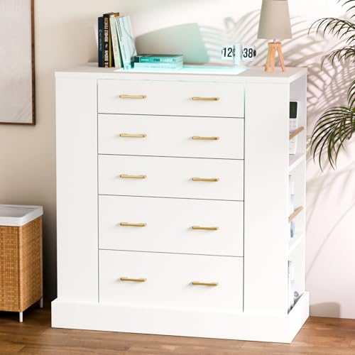 JanflyHome Drawer Dresser with LED Lights and Open Shelves, Modern Tempered Glass Top Dresser, Tall...