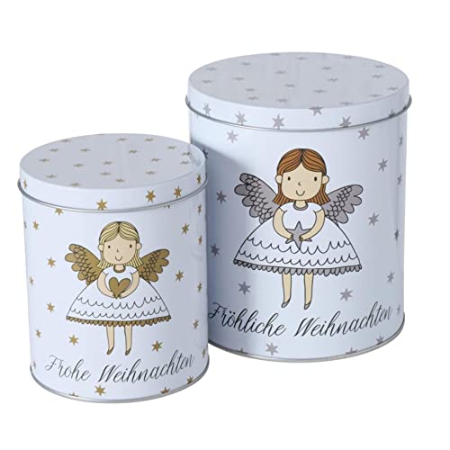 CasaJame Juego de 2 latas de metal para galletas, color blanco con ángel, feliz Navidad, estrellas doradas y plateadas surtidas H13-16 cm