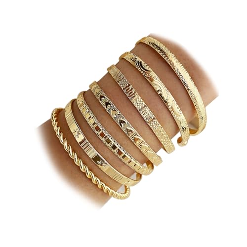 17VKL Gold Bangle Bracelets for Women, 14k Gold Plated Multi Layer Cuff Bangles Set, Stackable Boho...