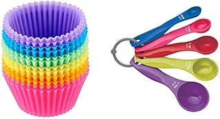 Amazon Basics Reusable Silicone Baking Cups, Pack of 12 & Colourworks CWMSPOONSET Measuring Spoon Set, Brights