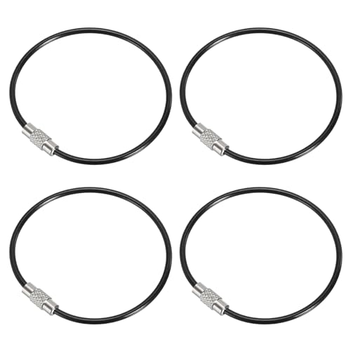 PATIKIL 6 Inch Length Wire Keychain Cable, 4 Pack Stainless Steel Key Ring Loop for Outdoor Hiking Sport, Black