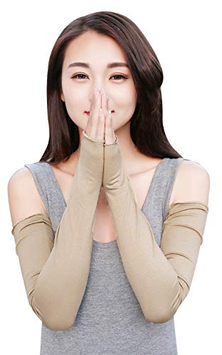 Bellady Women Outdoor Sun Block Soft Long Arm Sleeve Fingerless Gloves,Khaki