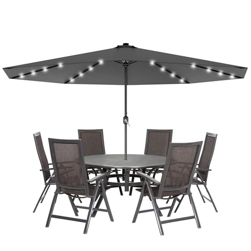 LZQ Parasol de balcon - Diamètre : 350 cm - Avec éclairage LED solaire - En aluminium - Avec manivelle - Rond - Imperméable UPF 40+ (gris foncé, angle non...