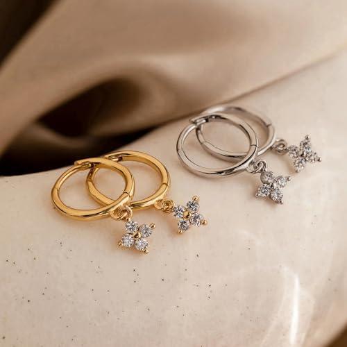 Gold Hoop Earrings for Women Trendy Small Huggie Earrings 14K Gold Plated S925 Sterling Silver Earrings for Women Hypoallergenic Drop Dangle Diamond Flower Cubic Zirconia Earrings Jewelry Gifts - Image 6