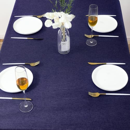 Image of AUSSPVOCT 2 Pcs Textured Faux Linen Table Cloth for Rectangle Table - 52x70 Inch Cloth Tablecloth Rectangular Waterproof Washable Fabric Dining Table Cover for Christmas Holiday Party Kitchen Decor | 2 Pcs Navy Blue Waterproof Spill-Proof Wipeable Tablecloth Wrinkle Free Rectangular Dining Tables Cover