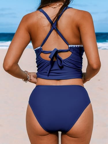 CUPSHE Women's Tankini Set Two Piece Bathing Suit Tummy Control Crisscross Back Tie Mid Rise Shell Stitched2