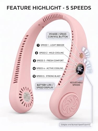 Image of Portable Neck Fan with Digital Display | 5-Speed Adjustable | 180 Cooling Bladeless Wearable Fan | Hair-Safe Hanging Design | Rechargeable Fan for Home Office Travel & Outdoor (Baby Pink)