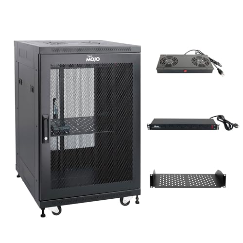 Image of Tecmojo Fully Assembled 18U Network Cabinet AV Rack Enclosure with Casters /Locking Doors with Dual Fan, PDU and Cantilever Shelf (31.5inch DEEP Mesh Door)