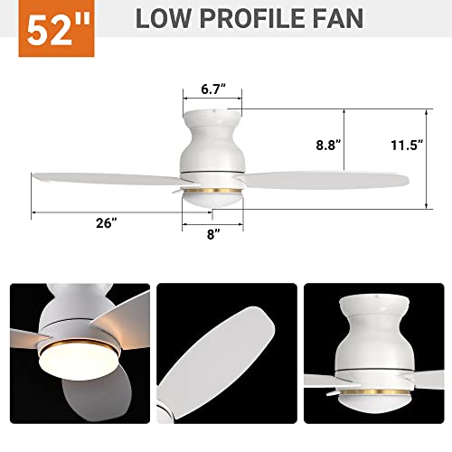 Low Profile Ceiling Fan With Lights And 10 Speeds, Dimmable Smart Ceiling Fan Compatible With Alexa, Siri & Google, 52 Inch Modern Farmhouse Ceiling Fan, White #TOP7